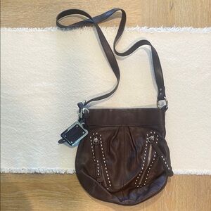B. Makowsky- Brown Leather Studded Crossbody Bag